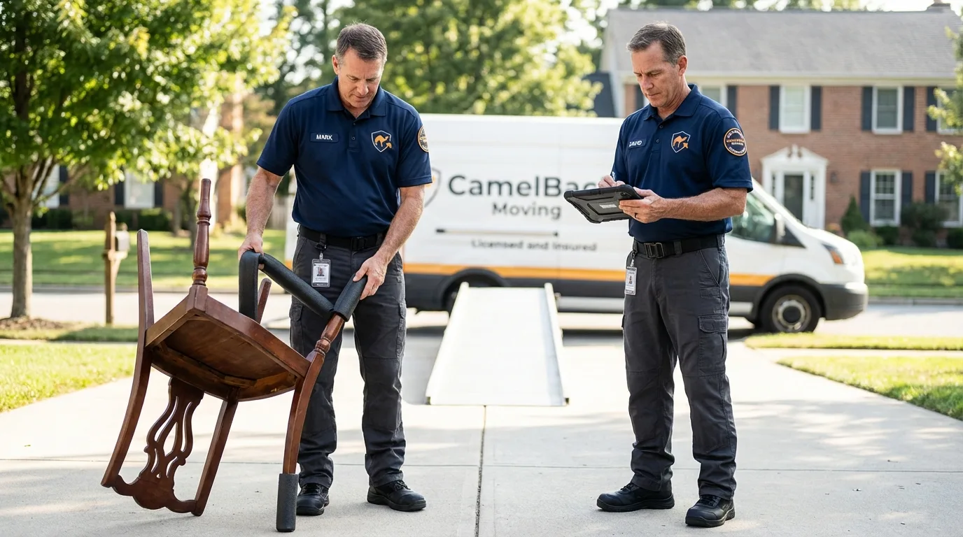 Movers inspecting furniture for damage prevention before loading in Fairfax, VA